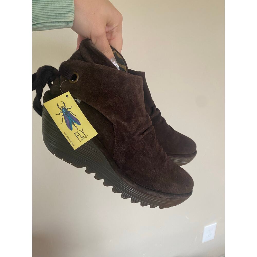 Fly London Yebi Ruched Back Tie Suede Leather Wedge Booties Size 40/ US 9-9.5